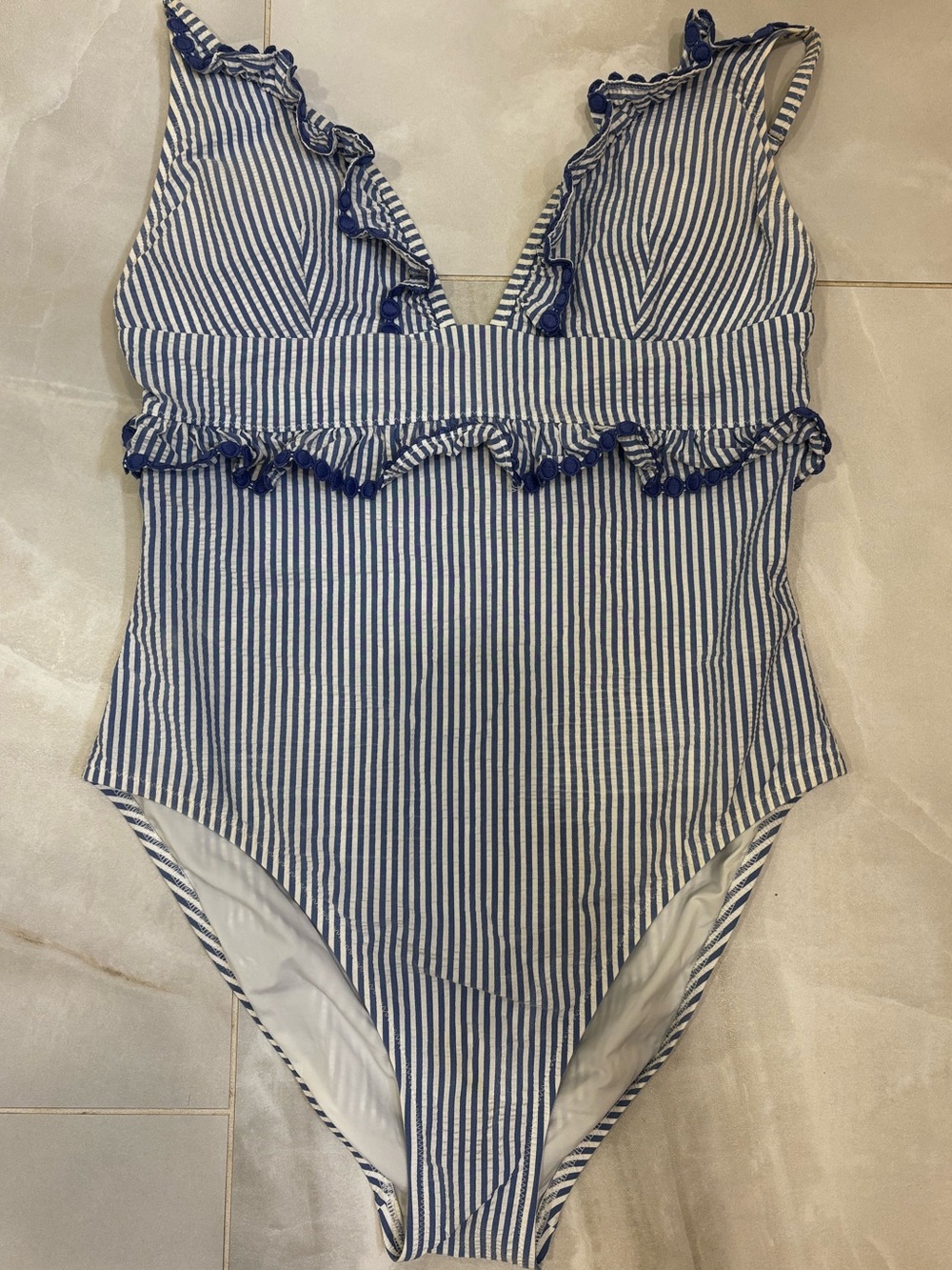 Blue and white seersucker Ruffle One-Piece Swimsuit